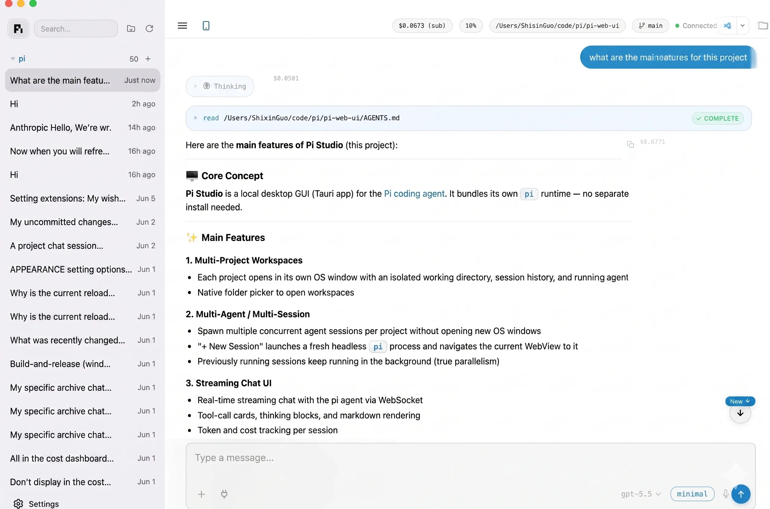 Picot desktop workspace showing chat, sessions, and the file browser
